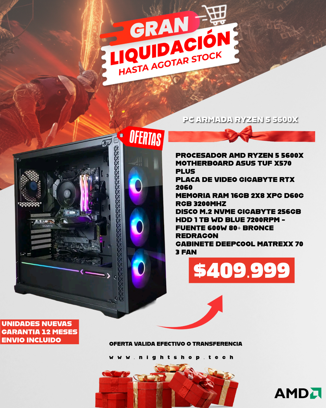 OFERTA PC RYZEN 5 5600X, RTX 2060, 16GB RAM, 1.25TB SSD/HDD.