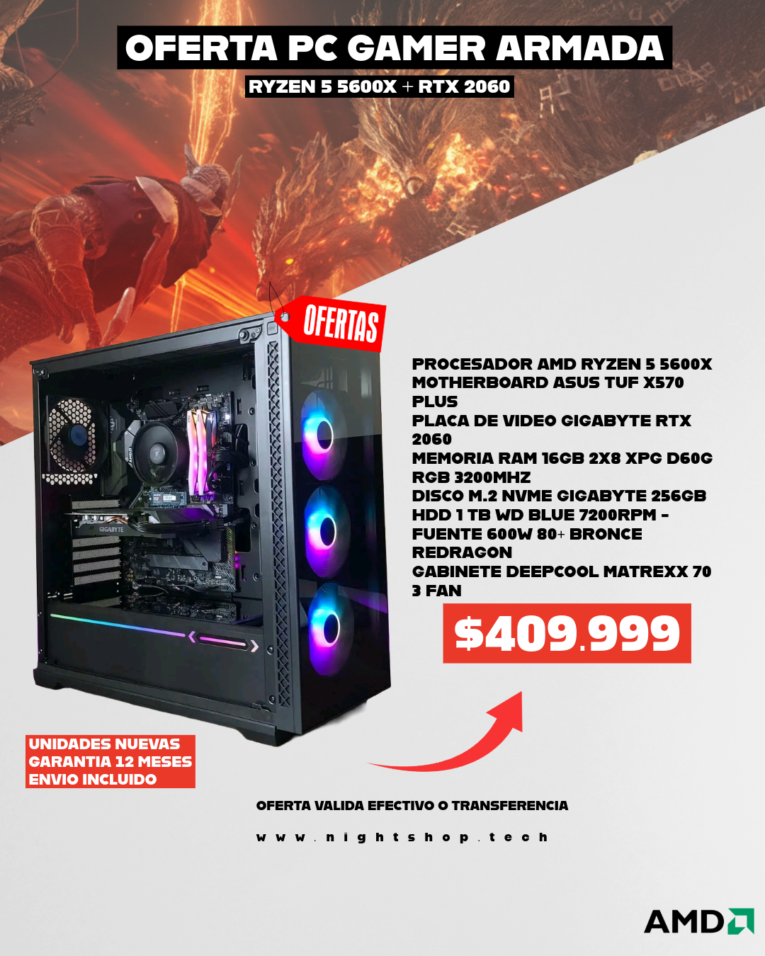 OFERTA PC RYZEN 5 5600X, RTX 2060, 16GB RAM, 1.25TB SSD/HDD.