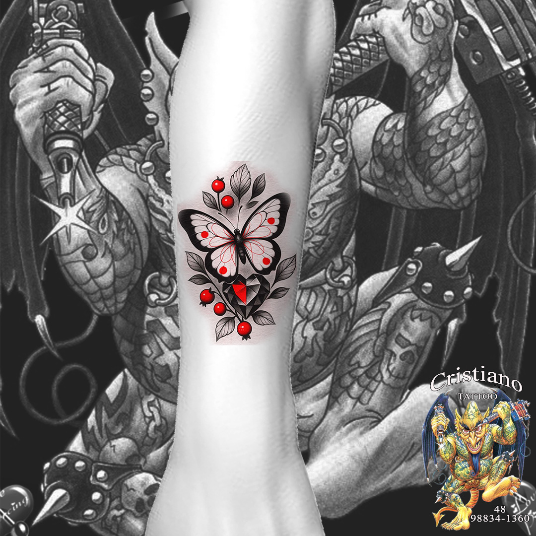 Tattoo - Borboleta de asa aberta + diamante e galho de flor com frutos