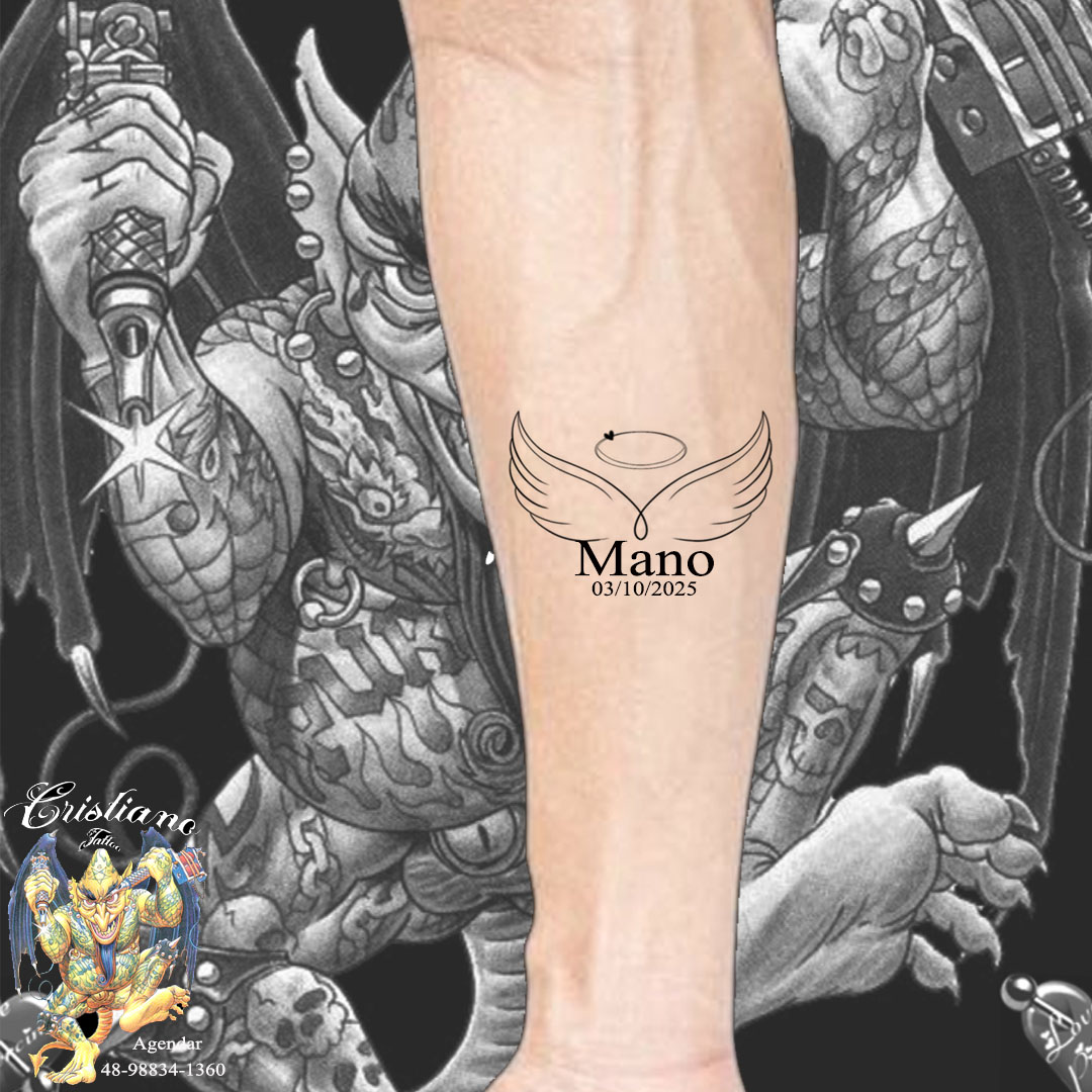 Tatuagem escrita Mano + Asinha + coração + Nome + Data 