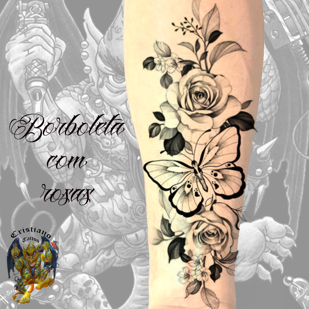 Tatuagem de Borboleta com rosas