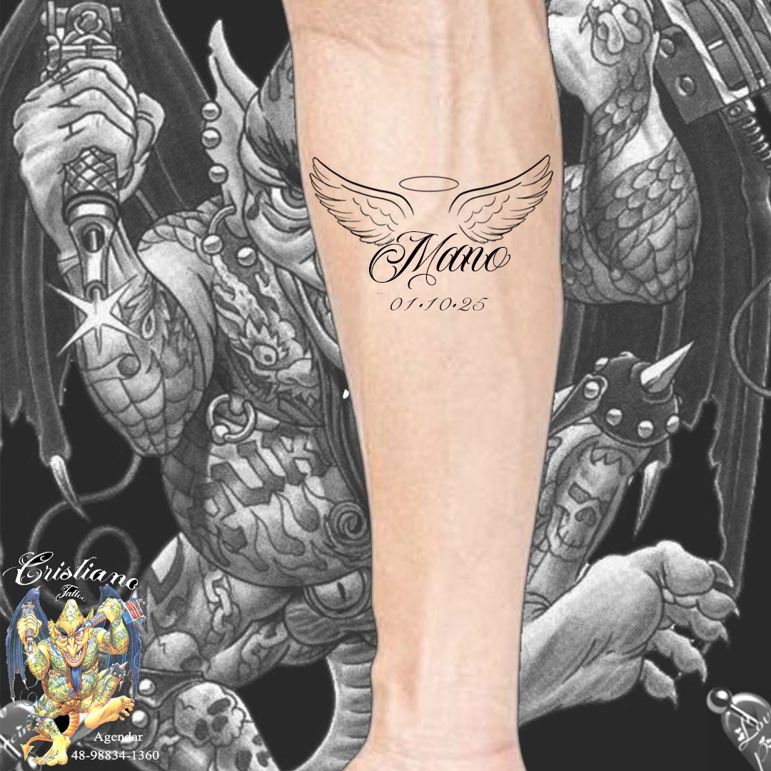 Tatuagem escrita Mano + Asinha + coração + Nome + Data 