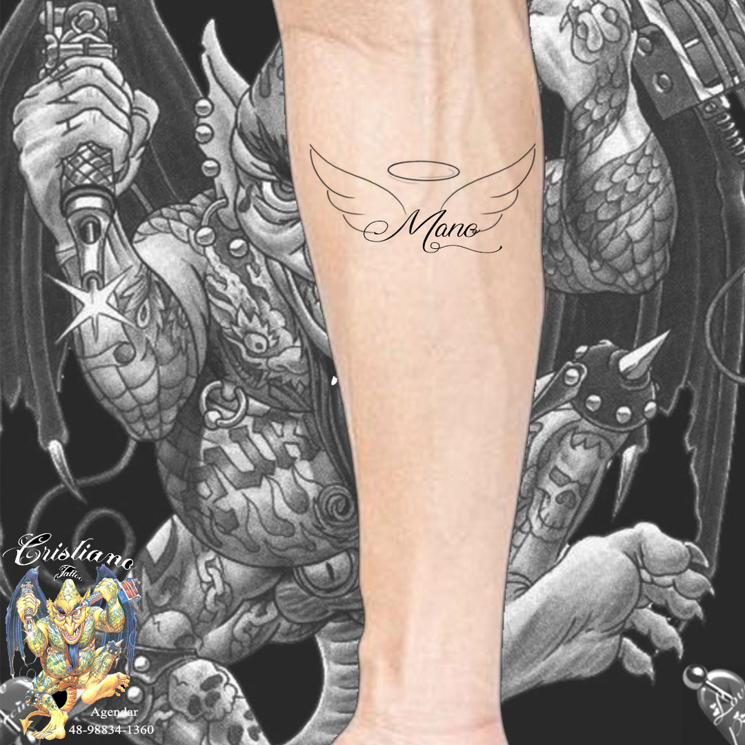 Tatuagem escrita Mano + Asinha + coração + Nome + Data 