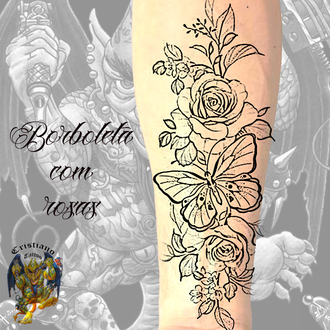 Tatuagem de Borboleta com rosas