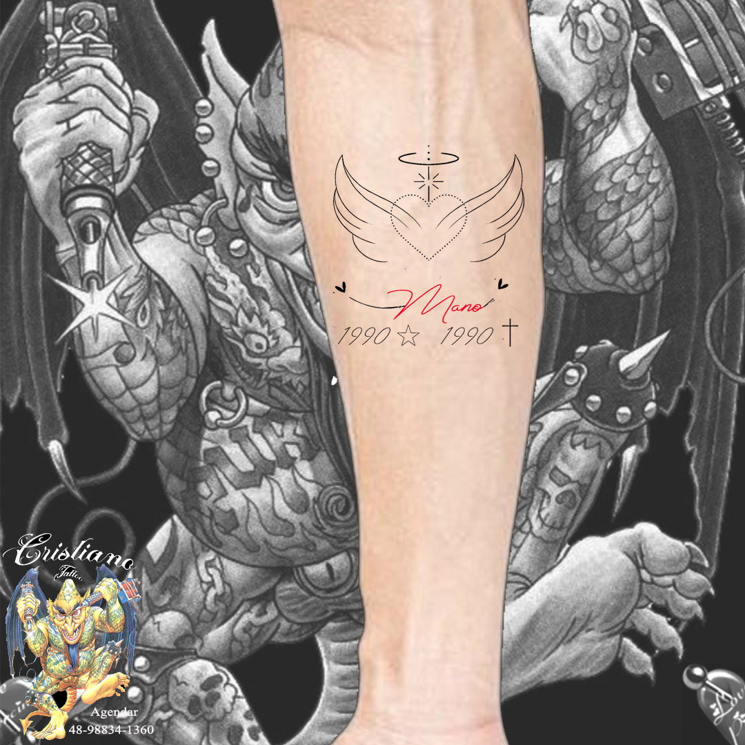 Tatuagem escrita Mano + Asinha + coração + Nome + Data 