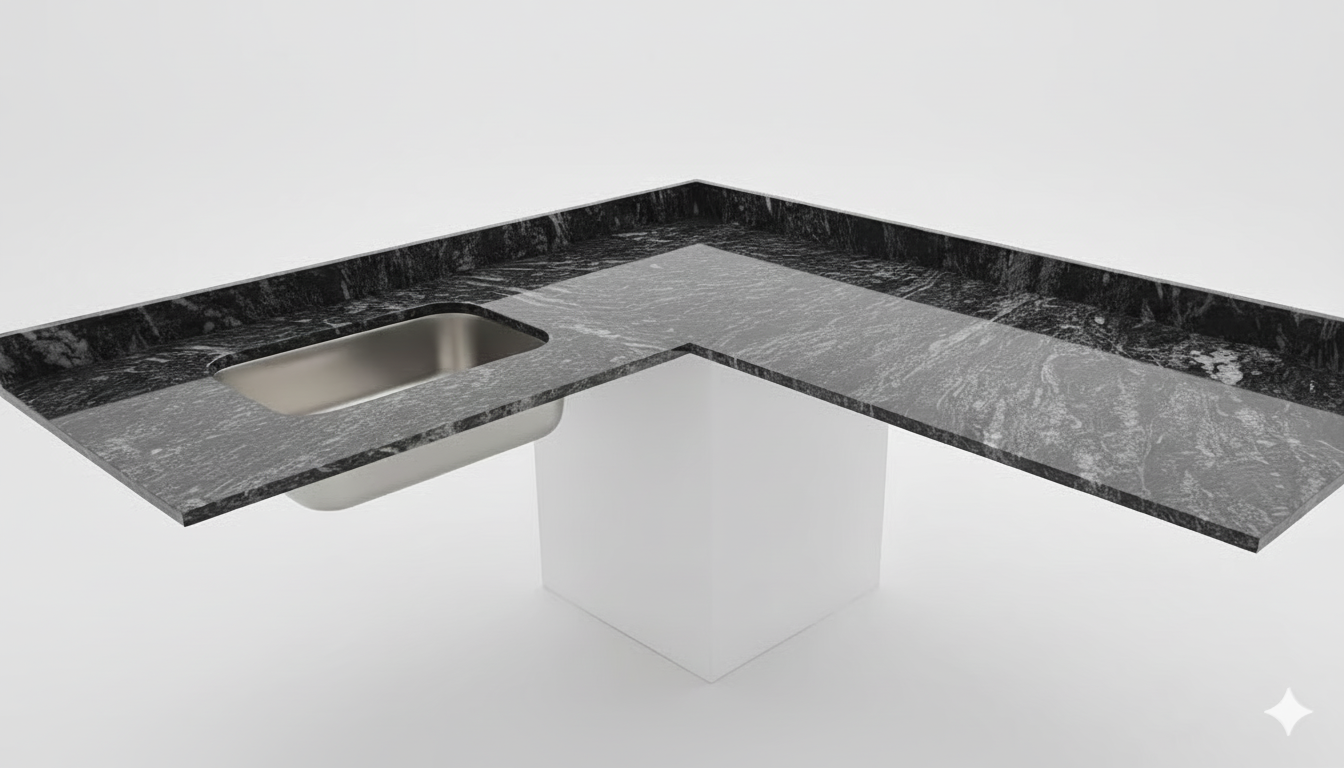 Mesada de granito Negro Boreal  c/ bacha simple y zócalo 