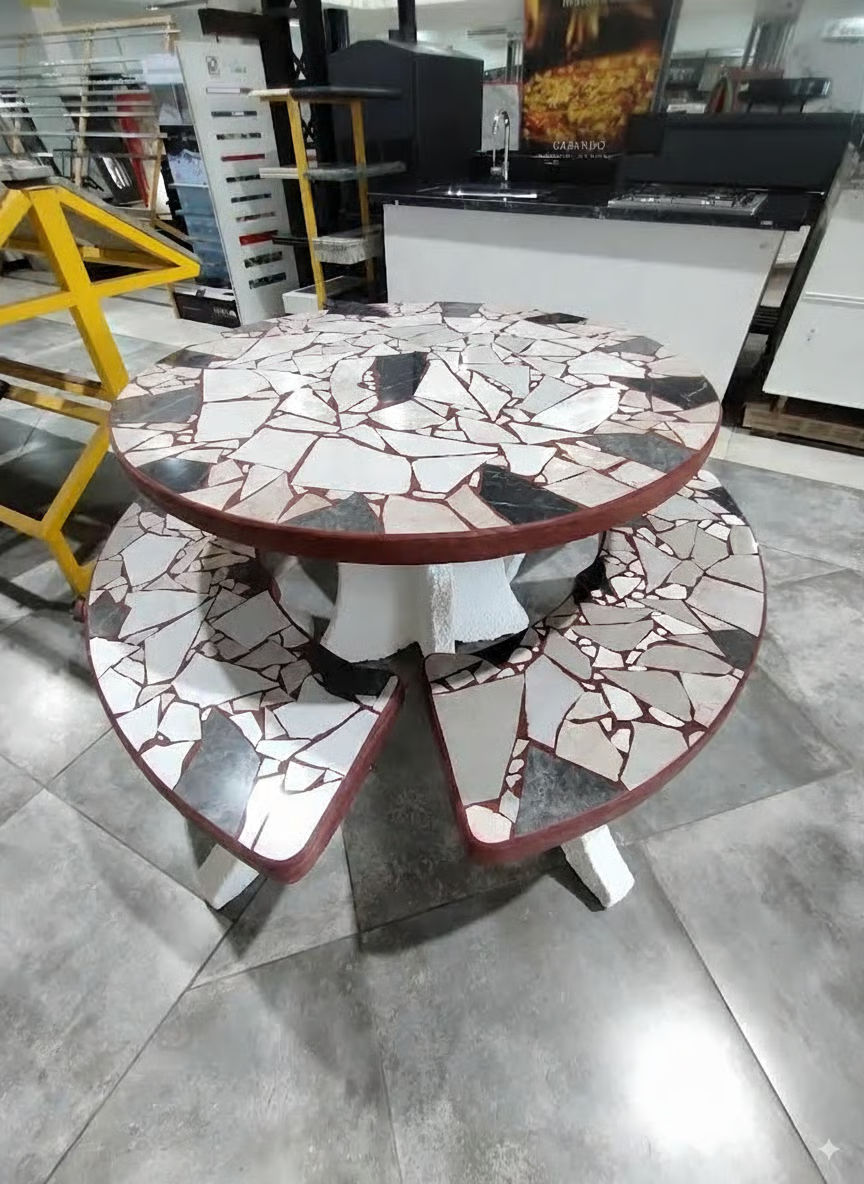 Juego de jardin circular ceramico c/ 3 bancos