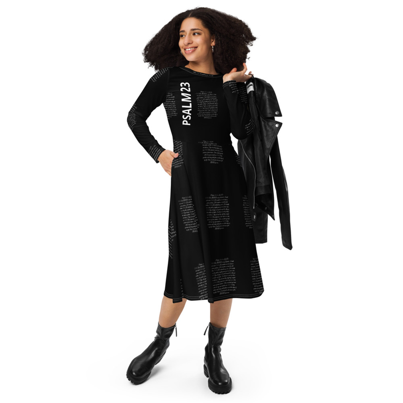 Psalm 23 All-Over Print Long Sleeve Midi BLACK Dress – Faith-Inspired Christian Women’s Dress