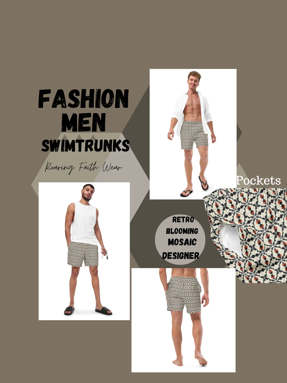 Retro Mosaic Designer Men’s Swim Trunks– Recycled, Quick-Dry, Stylish Shorts