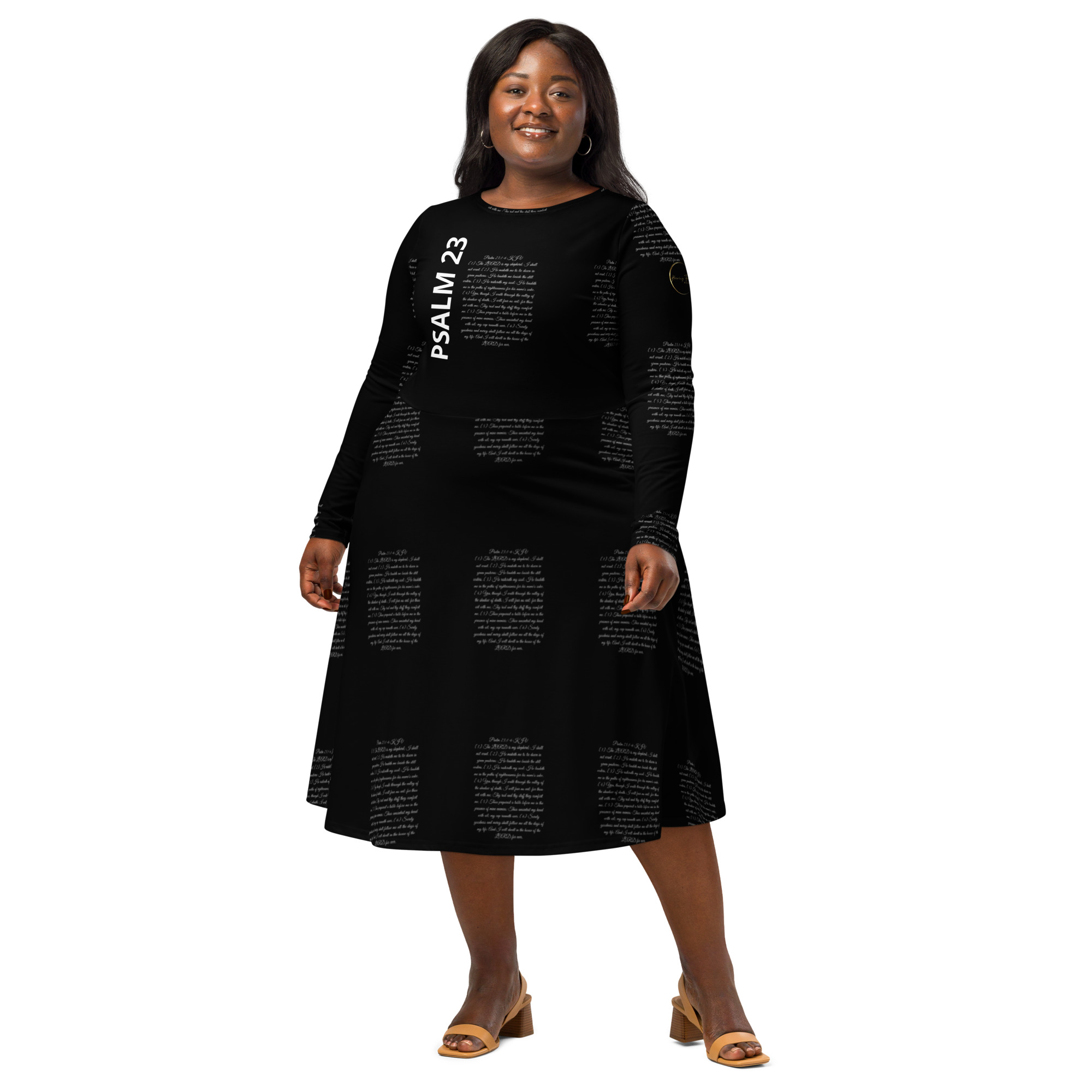 Psalm 23 All-Over Print Long Sleeve Midi BLACK Dress – Faith-Inspired Christian Women’s Dress