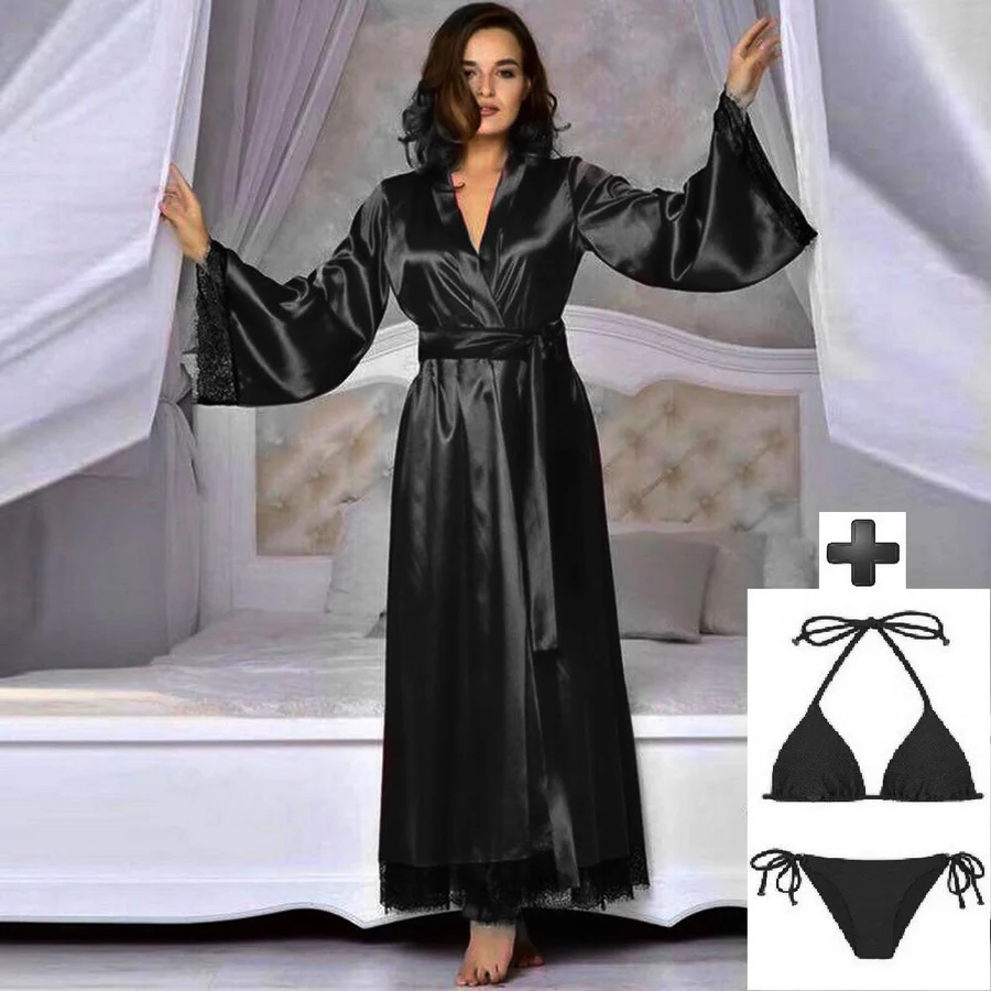 Black Satin Robe and Bikini Set