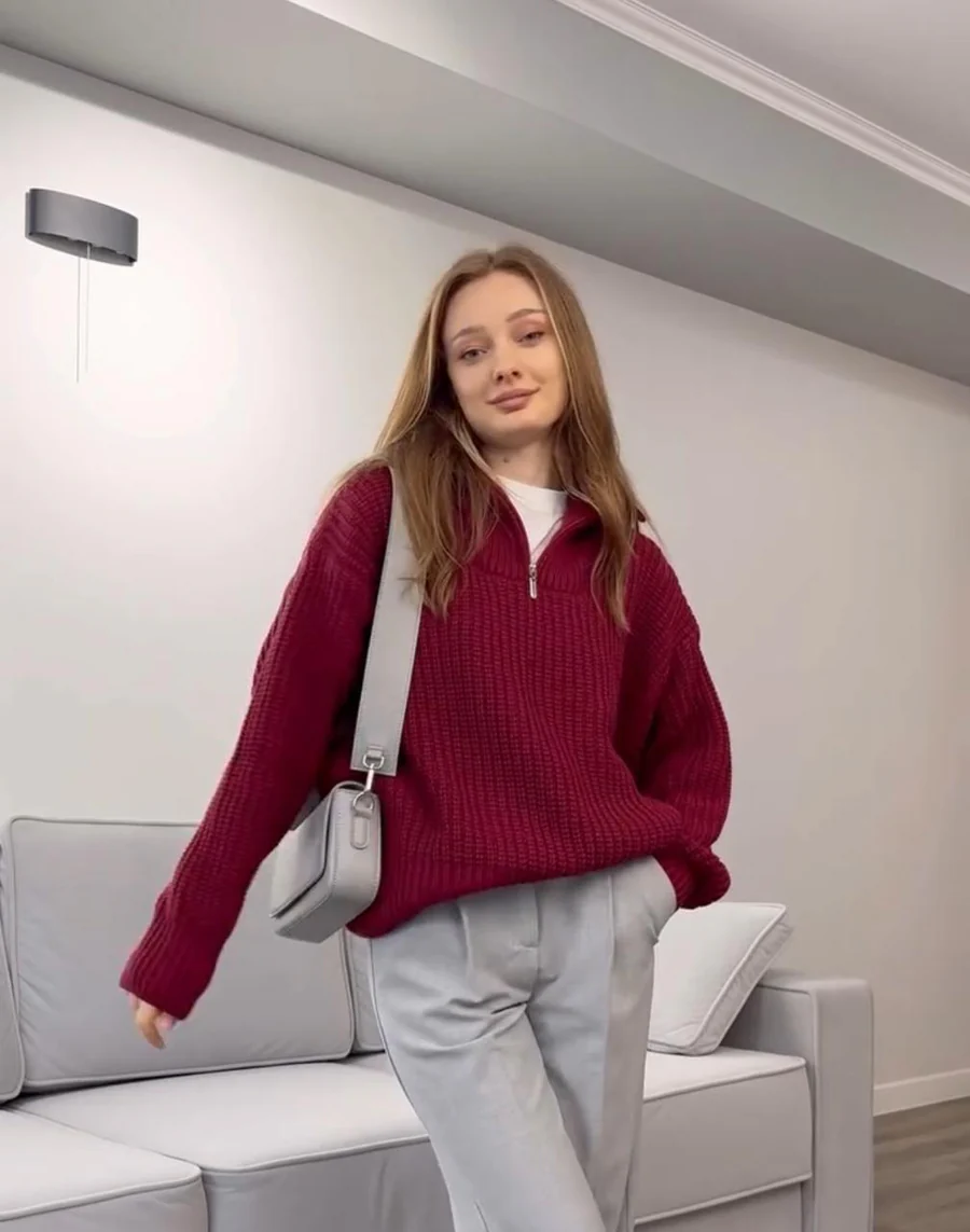 Red Half-Zip Knit Sweater