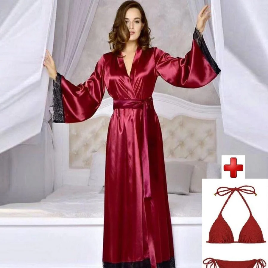 Black Satin Robe and Bikini Set