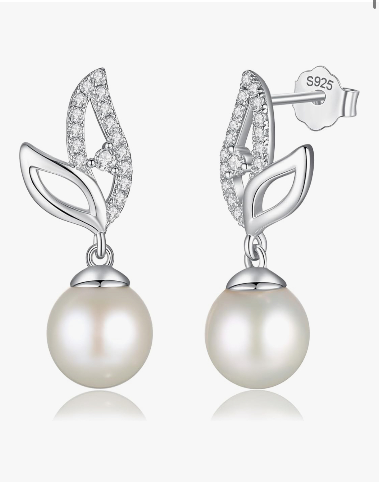 Pearl Earrings 925 Sterling Silver Leaf Pearl Stud Earrings Dangle Earrings with Genuine Quality