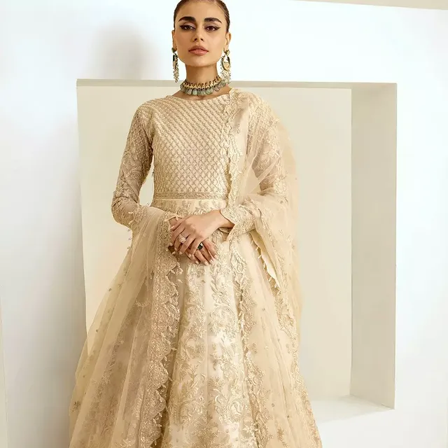 Elegant Beige Embroidered Anarkali Dress