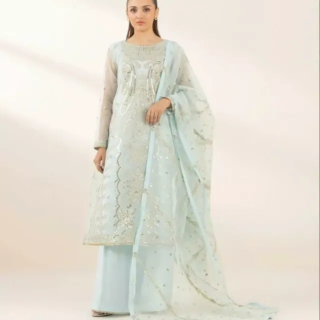 Embroidered Pastel Blue Chiffon Suit