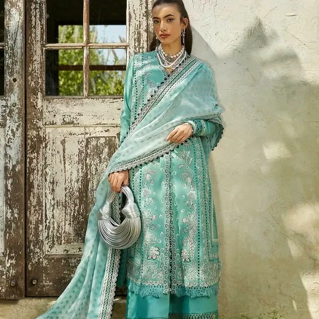 Embroidered Aqua Traditional Suit
