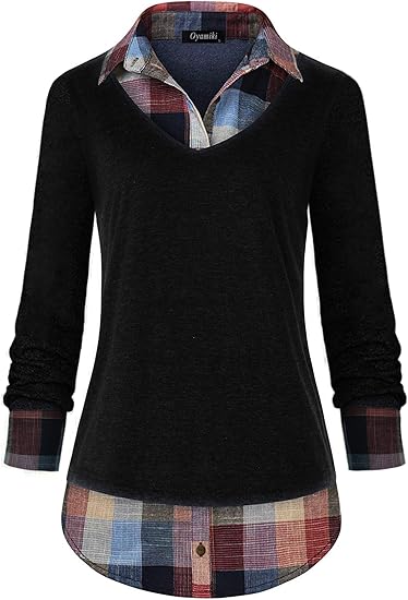 Women's Long Sleeve Plaid Patchwork Shirt