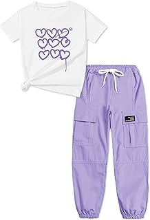 Girls' Heart Print T-Shirt and Purple Cargo Pants Set