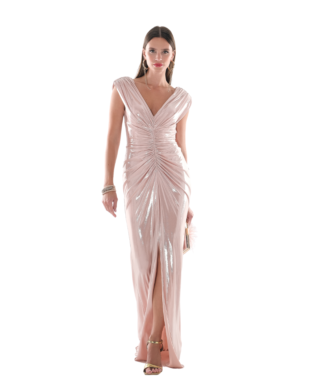 58036 - Women's Blush Pink Evening Gown – Ruched V-Neck Maxi Dress