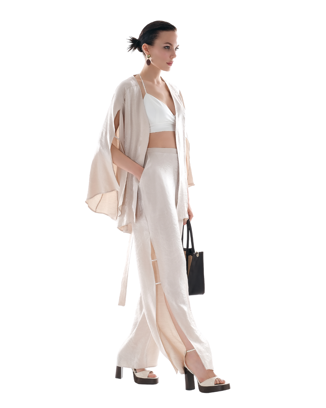 80140 - Women's Elegant Three-Piece Linen Blend Suit – Bralette, Wide-Leg Pants & Kimono