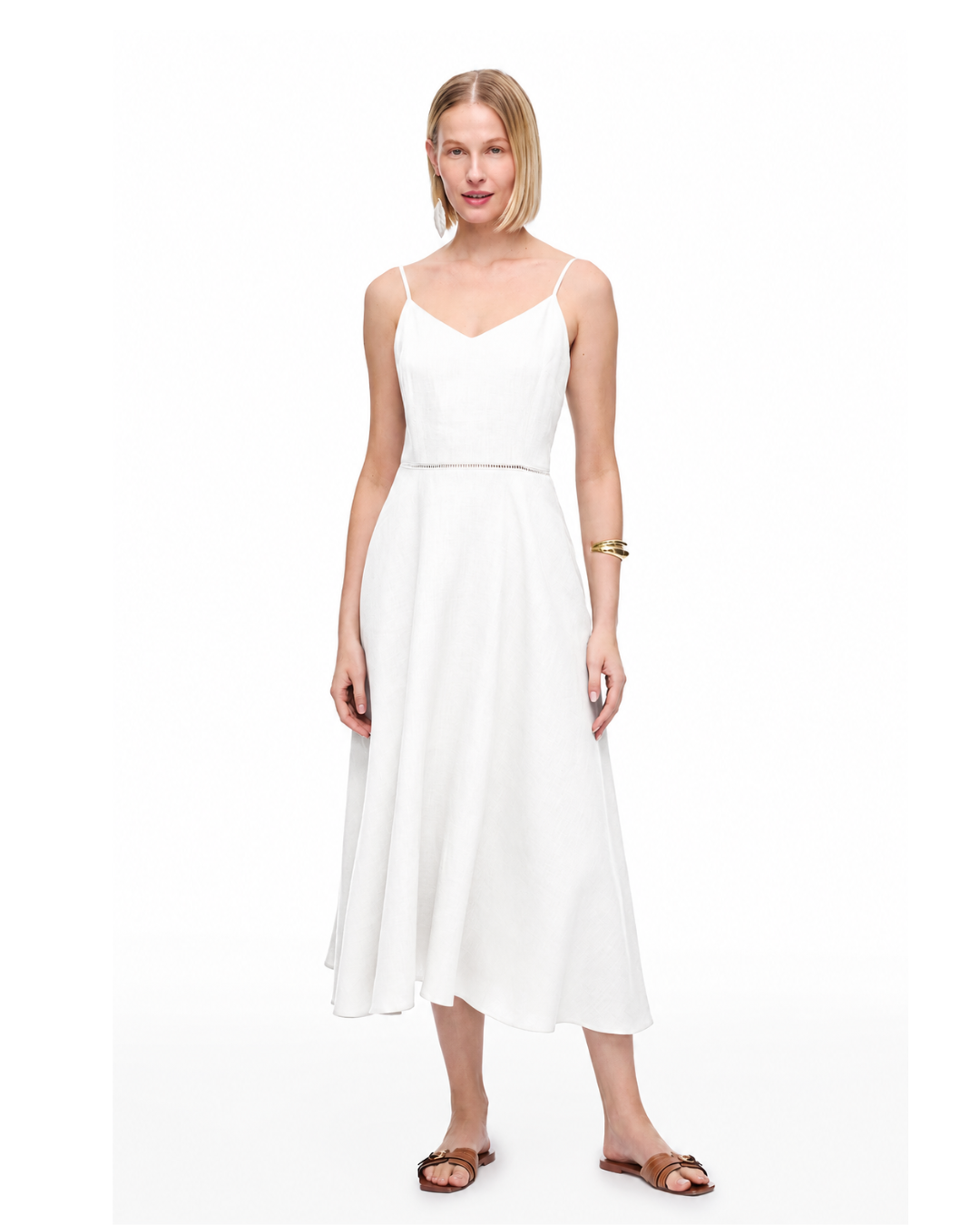 125023866 - Women's White Linen Midi Dress – Elegant Spaghetti Strap Summer Dress
