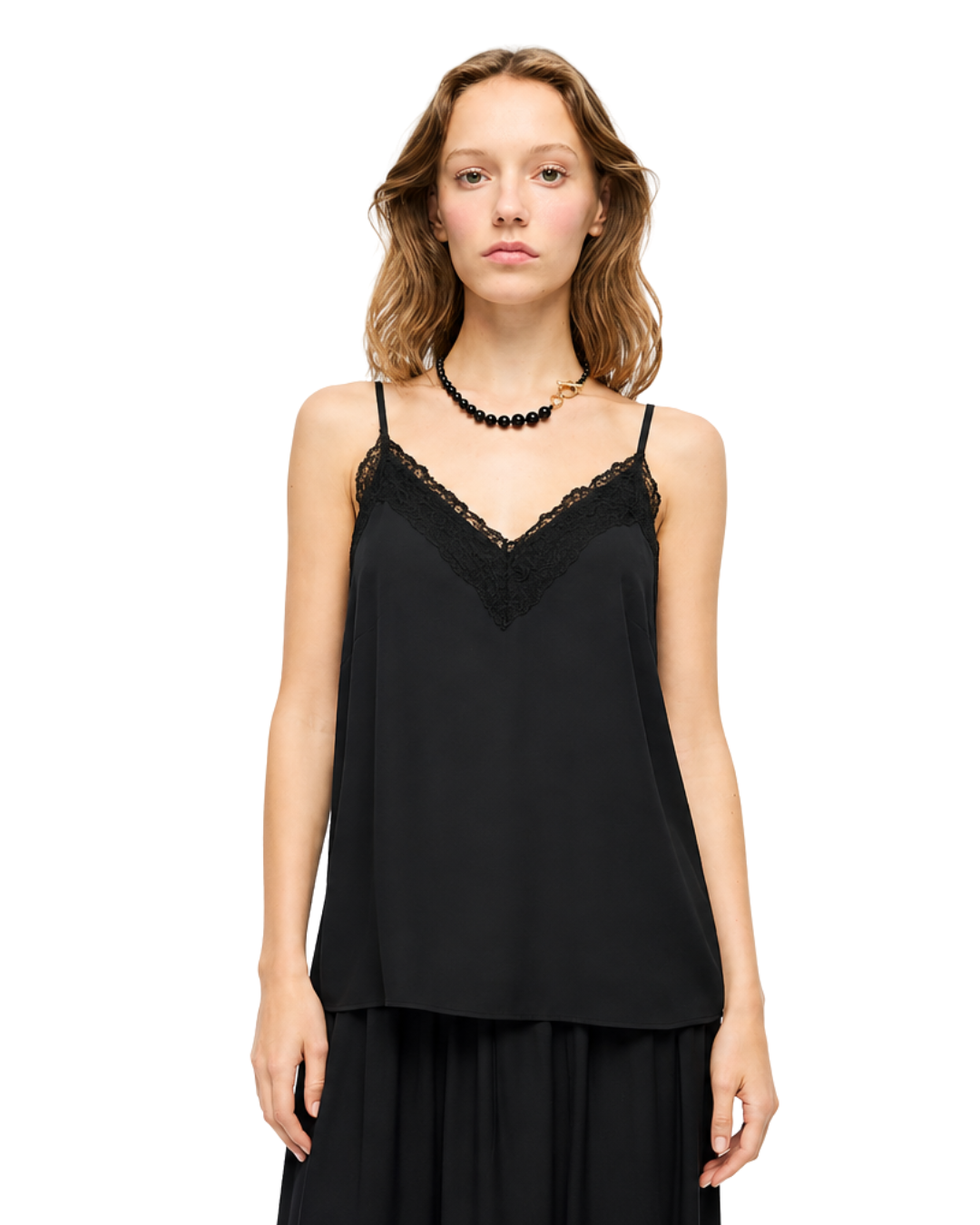 125043292 - Women's Black Lace Trim Cami Top – Elegant Spaghetti Strap Cami