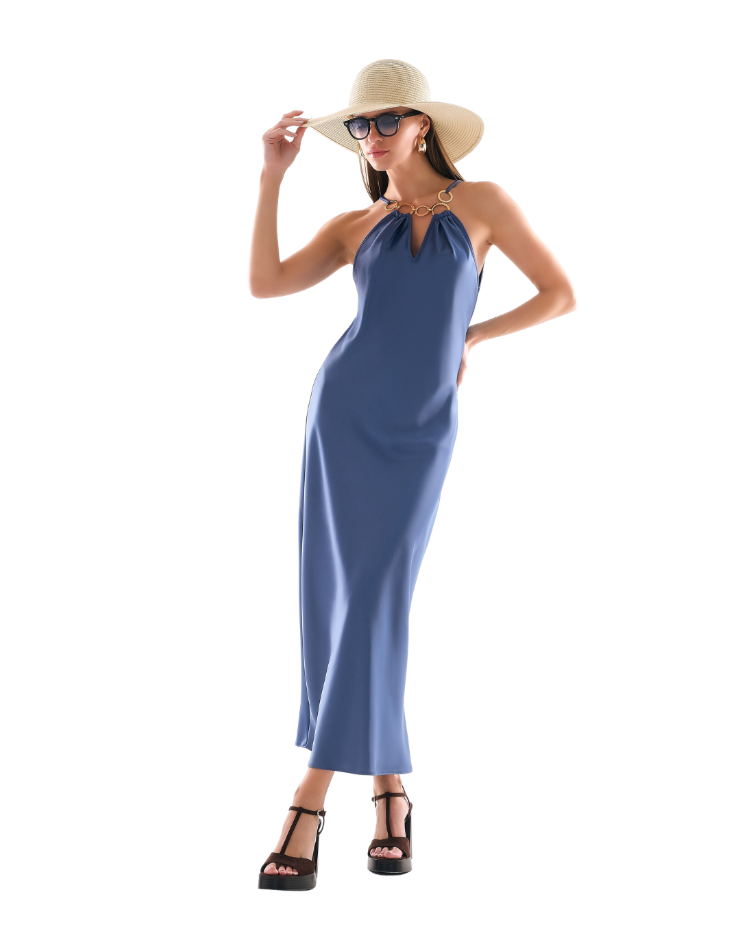 58123 - Women's Blue Satin Maxi Dress – Elegant Halter Neck Evening Dress