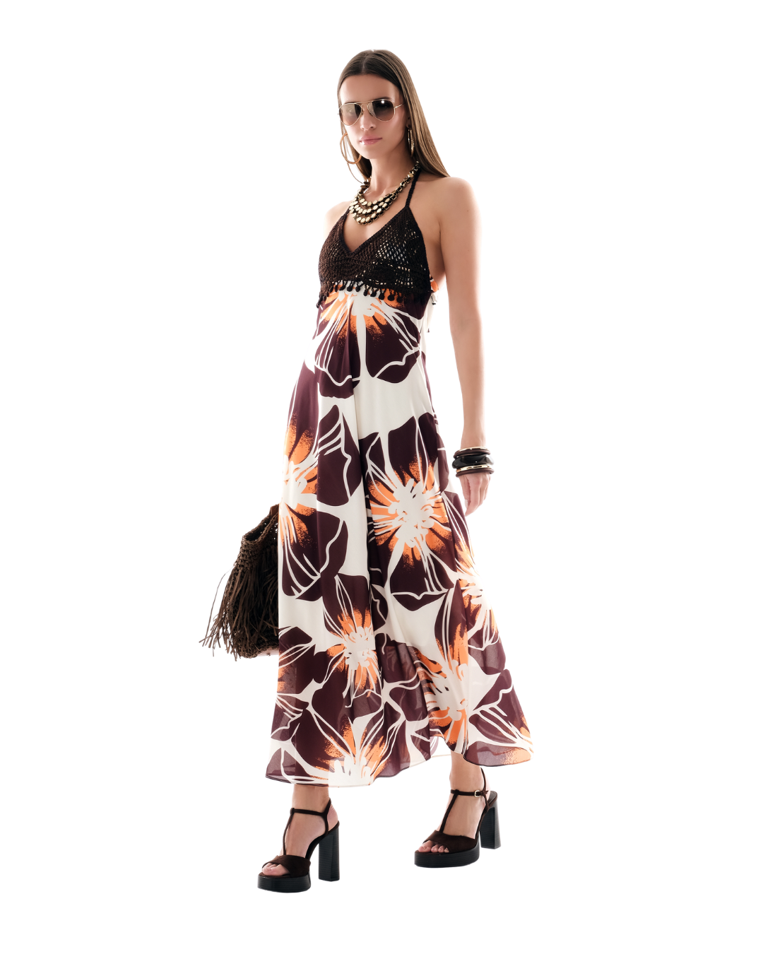 58168 - Women's Floral Maxi Dress – Crochet Halter Summer Dress