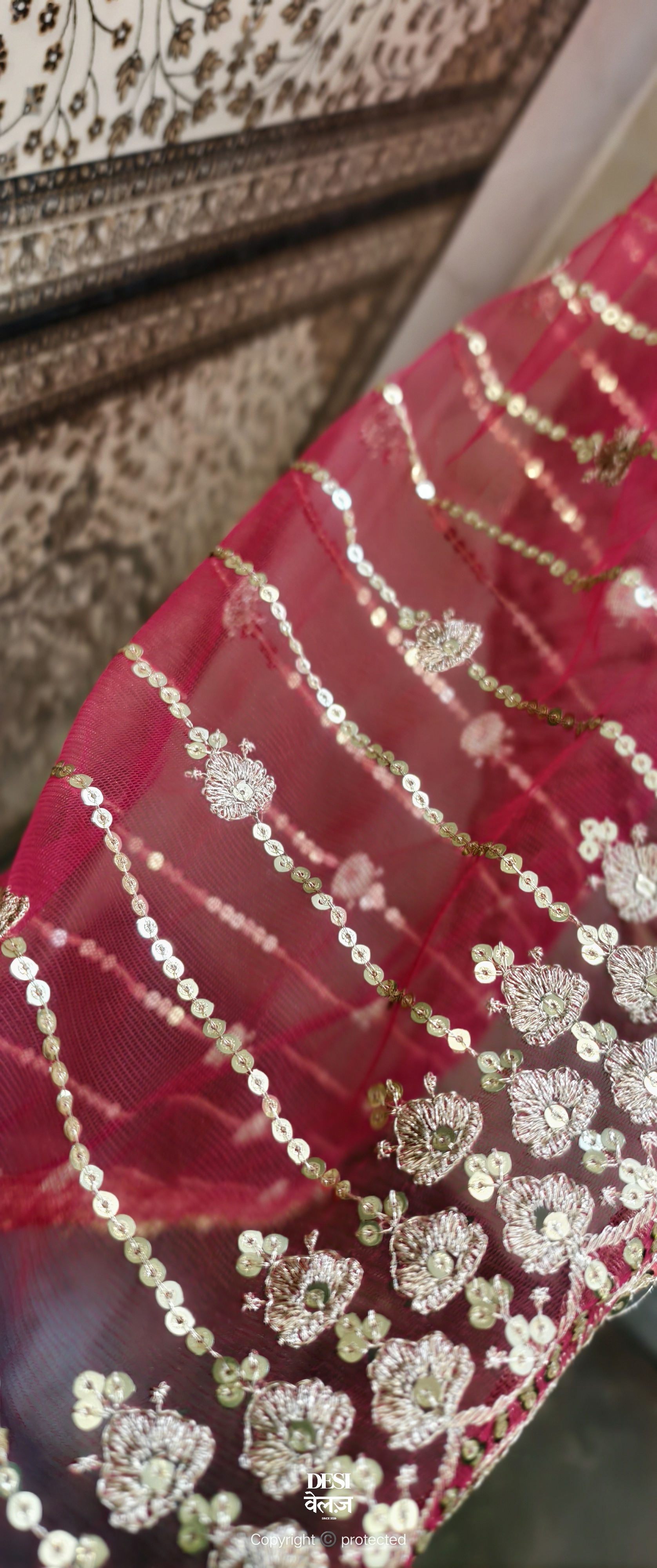 Embroidered Pink Net Dupatta