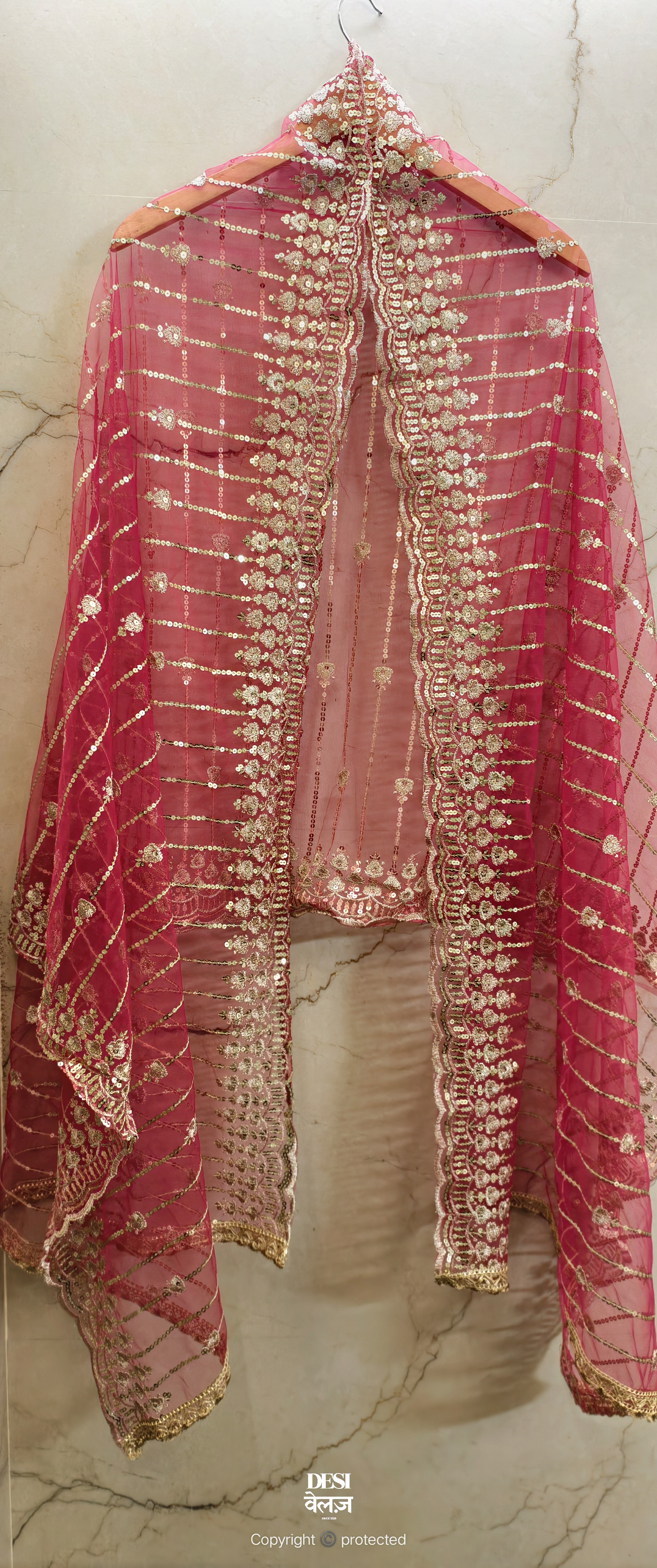 Embroidered Pink Net Dupatta