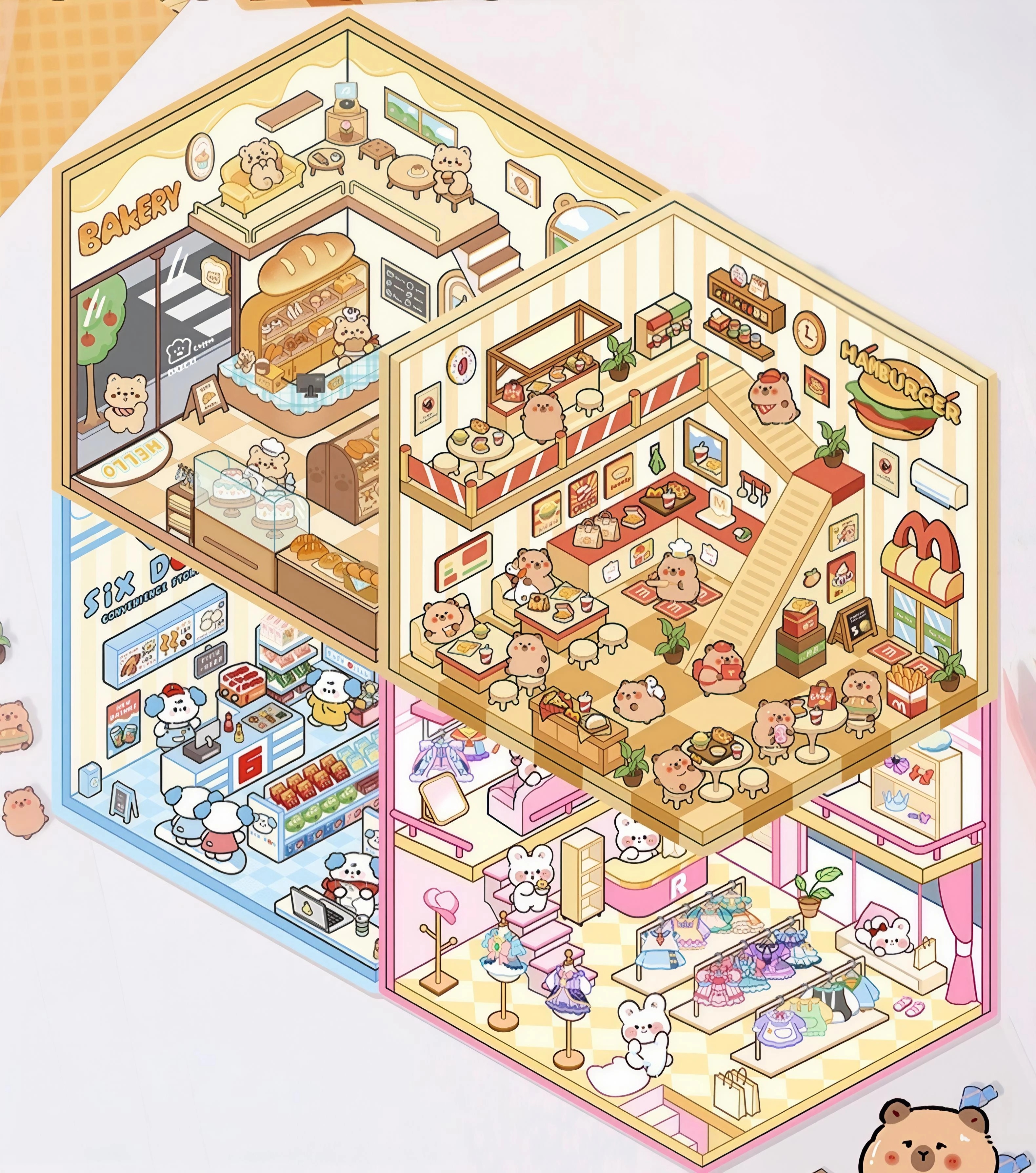 #B016, Furry Friends Market Street 3D Sticker, Beginner Friendly