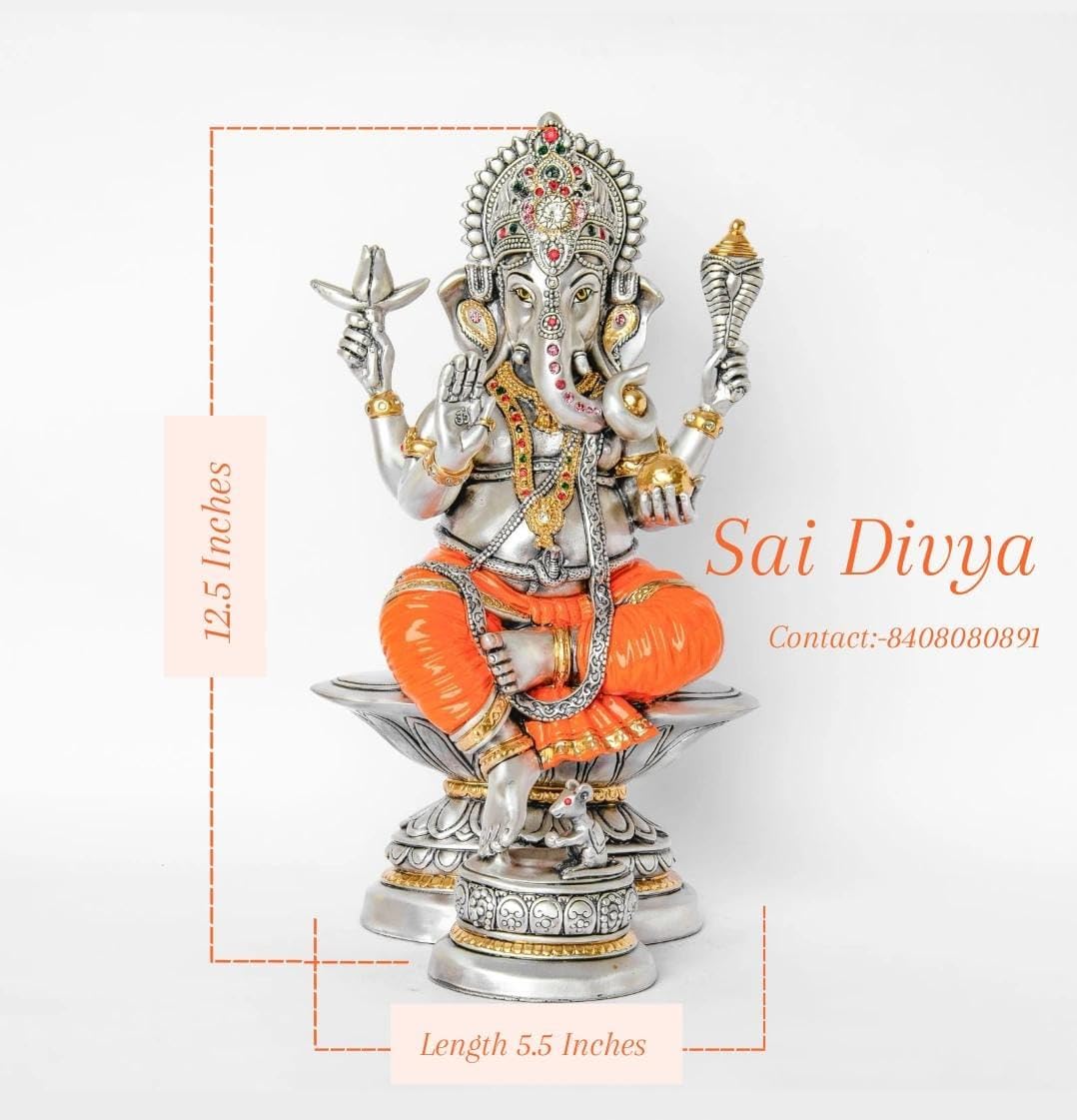 Sai Divya Silver Plated & Stone-Studded Lord Ganesha Decorative Idol with Orange Dhoti
