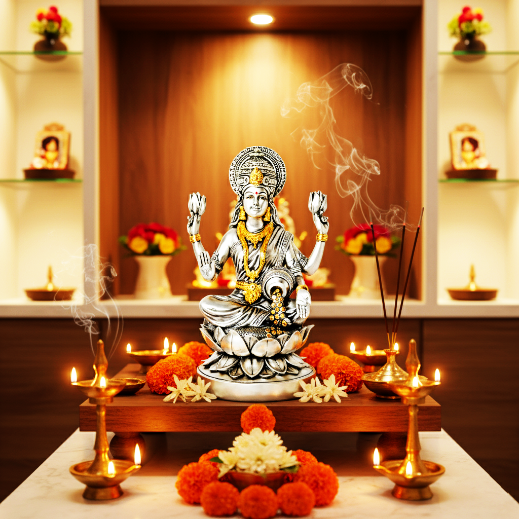 Sai Divya Lakshmi Idol on Lotus Throne Silver and Gold, Hindu Goddess Idol