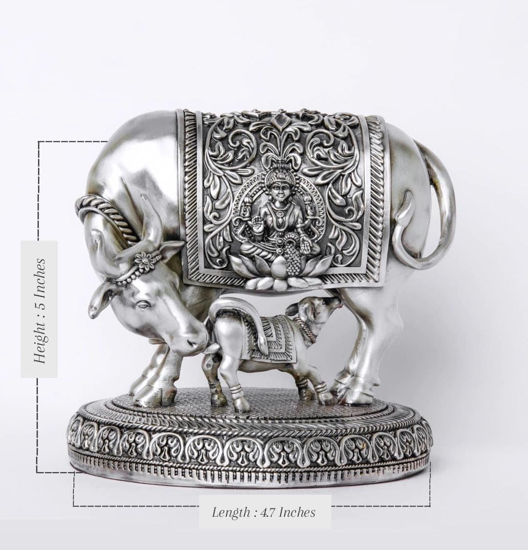 Sai Divya Decorative Sacred Cow and Calf Idol, Silver Plated Metal, Traditional Indian Design