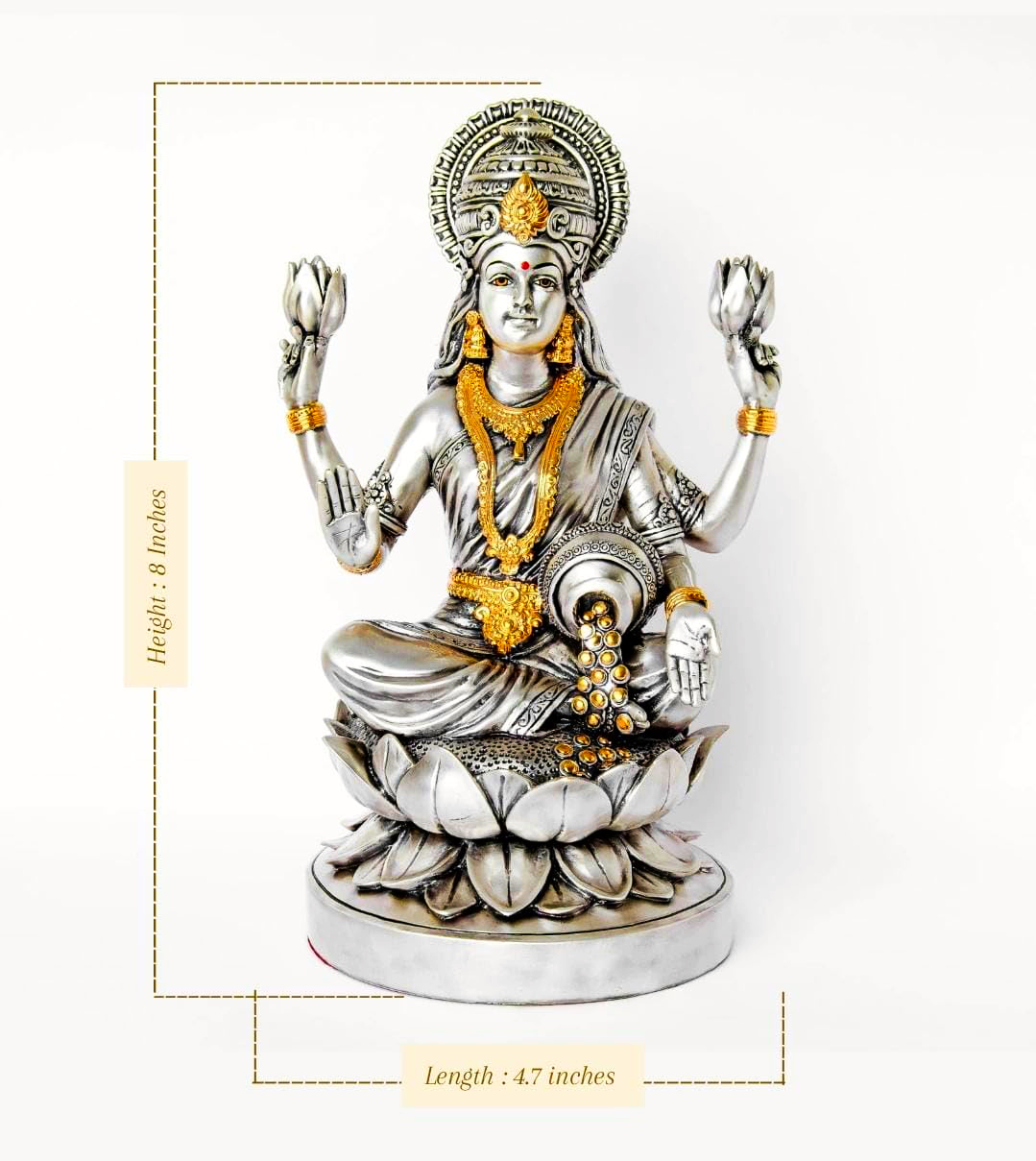 Sai Divya Lakshmi Idol on Lotus Throne Silver and Gold, Hindu Goddess Idol