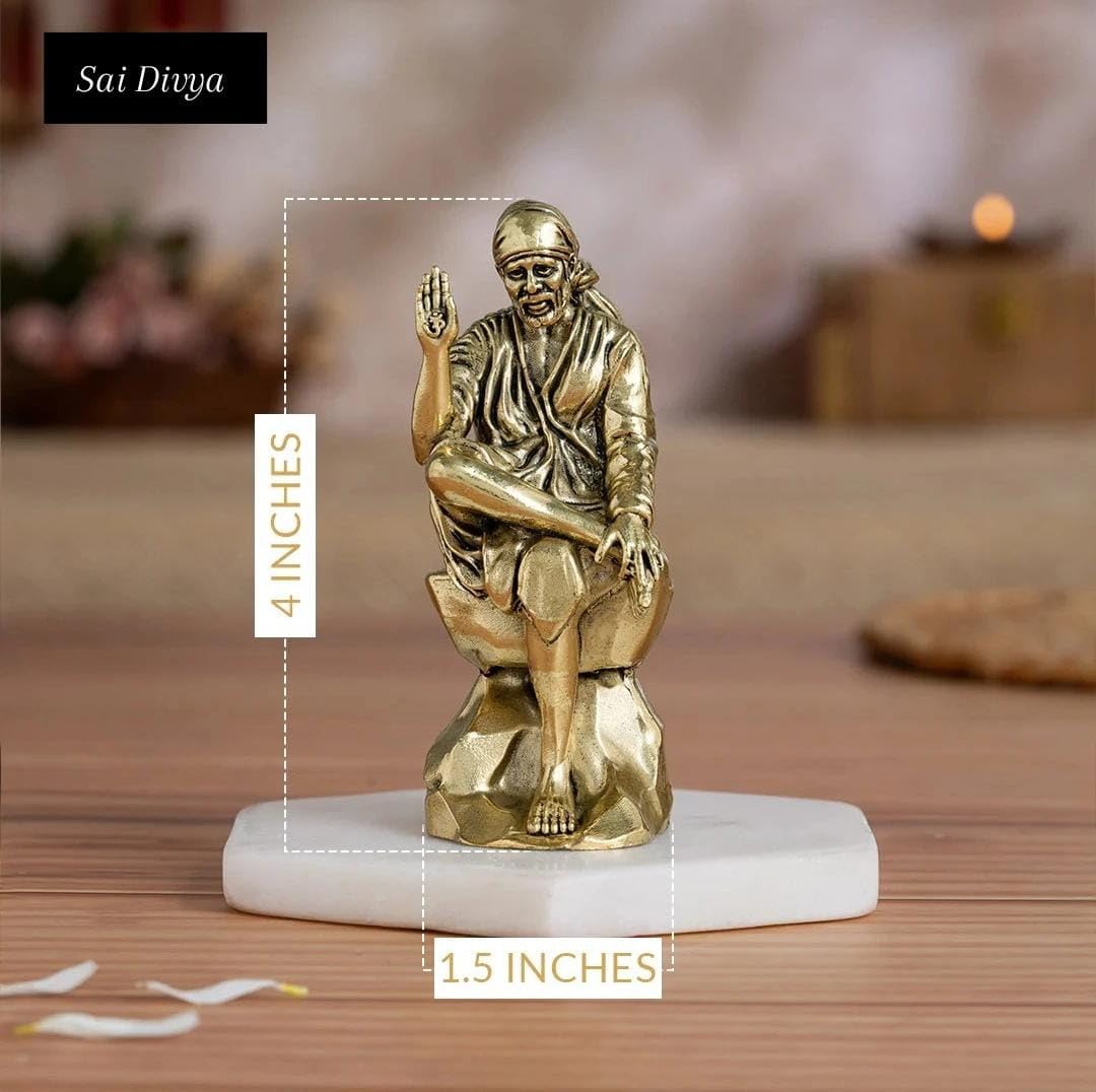 Brass Sai Baba Murti 4 Inch, Golden Finish Sai Baba Idol for Pooja, Home Temple, Meditation, Spiritual Décor