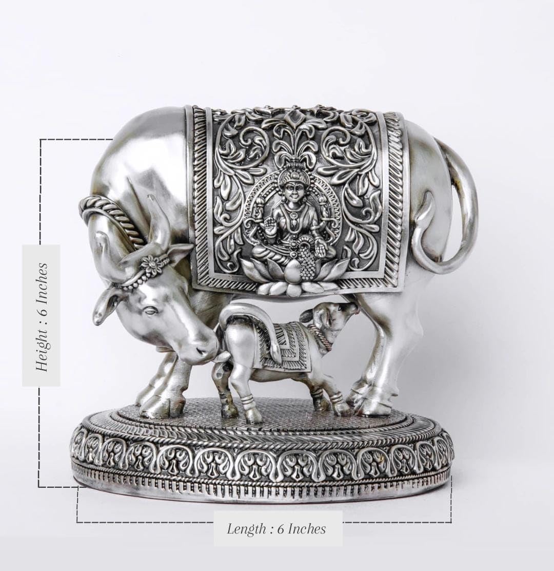 Sai Divya Decorative Sacred Cow and Calf Idol, Silver Plated Metal, Traditional Indian Design
