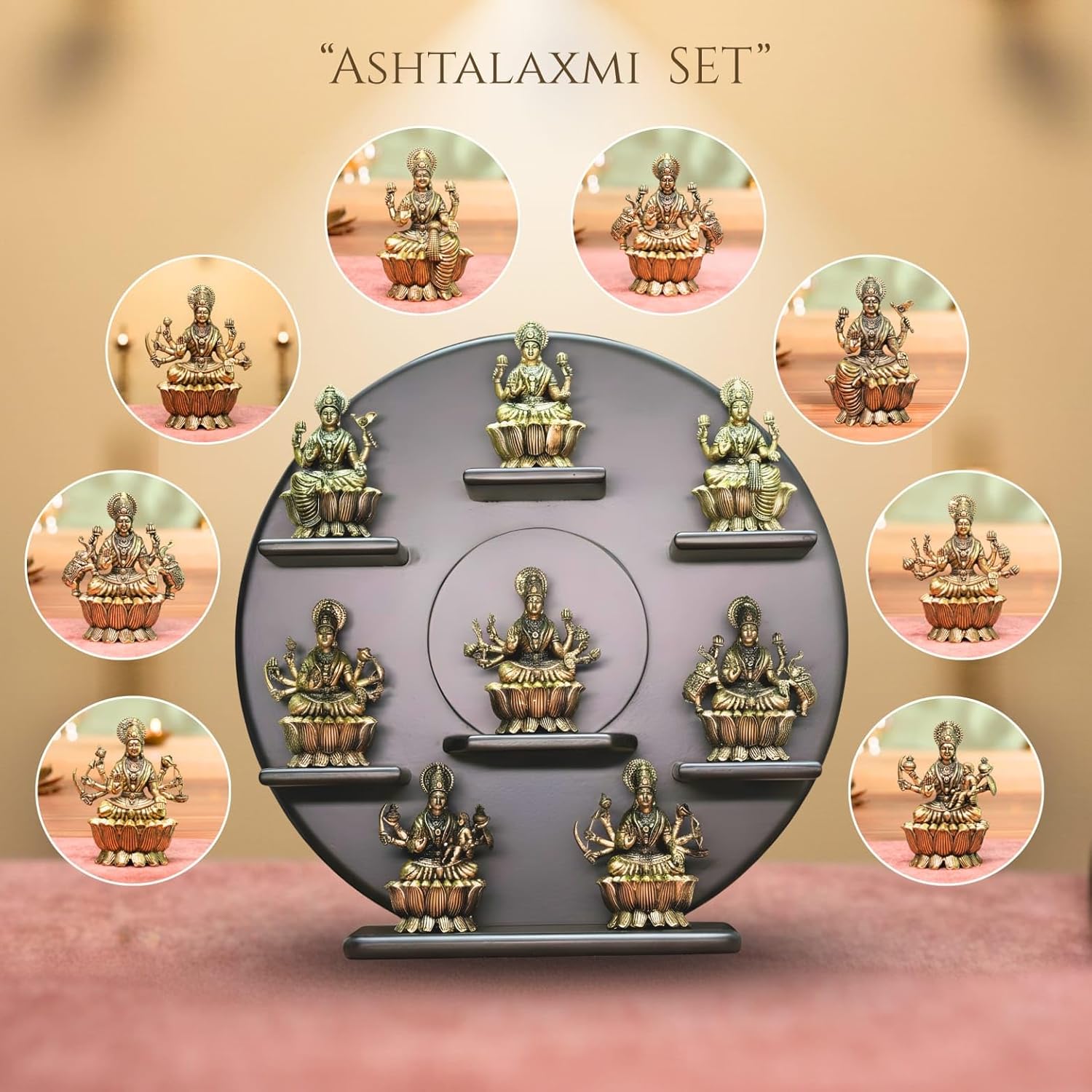 Sai Divya Ashtalakshmi Set, Decorative Hindu Goddess Figurines, Antique Gold