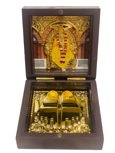 Sai Divya Gold Plated Shirdi Sai Baba with Paduka with Decorative Wooden Box