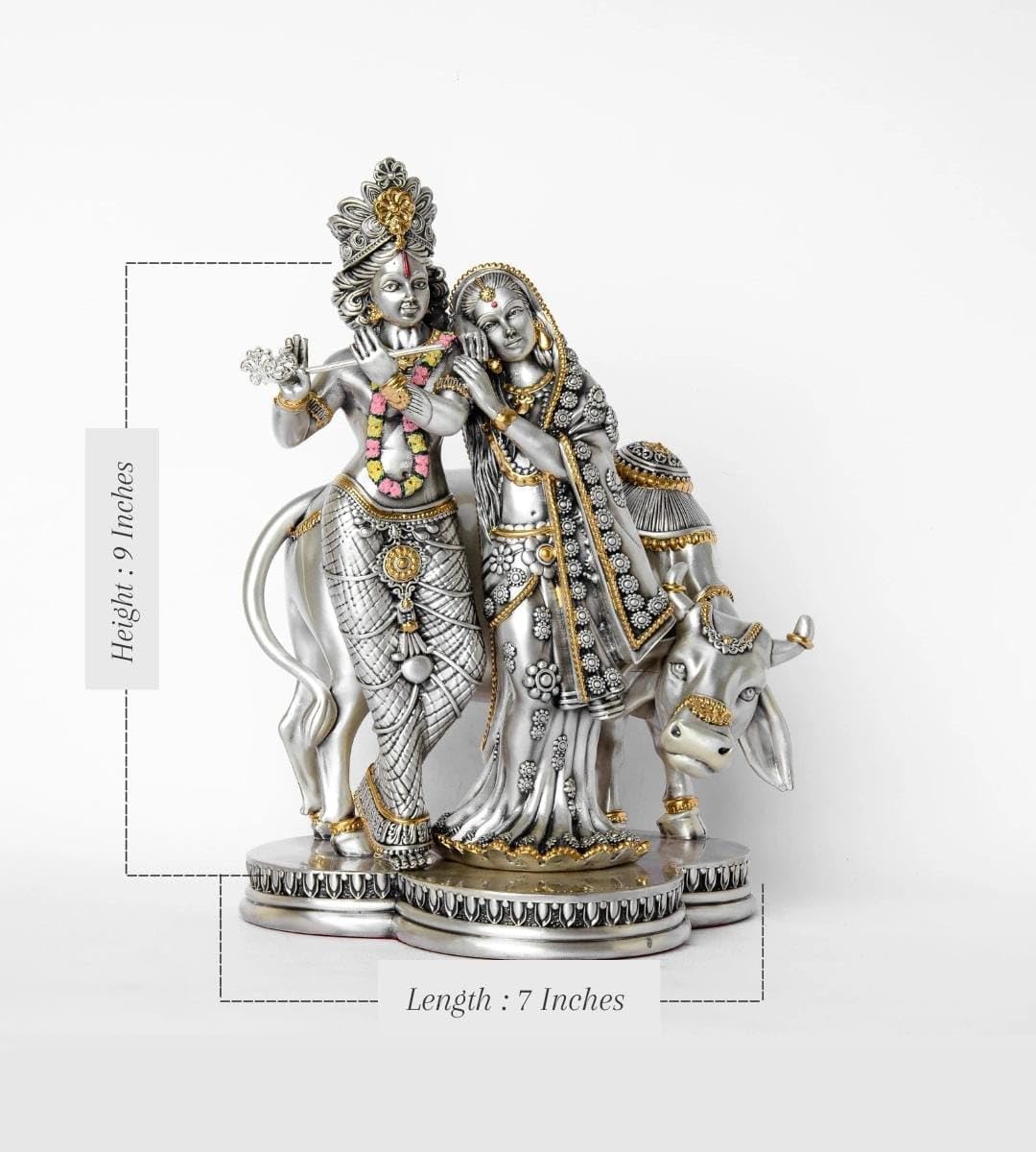 Sai Divya Silver Plated Radha Krishna Statue, Religious Decorative Figurine with Gold Accents and Floral Details