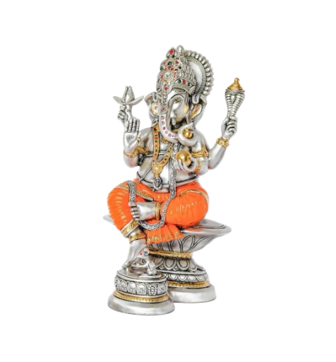 Sai Divya Silver Plated & Stone-Studded Lord Ganesha Decorative Idol with Orange Dhoti