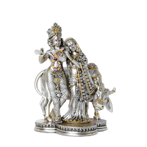 Sai Divya Silver Plated Radha Krishna Statue, Religious Decorative Figurine with Gold Accents and Floral Details