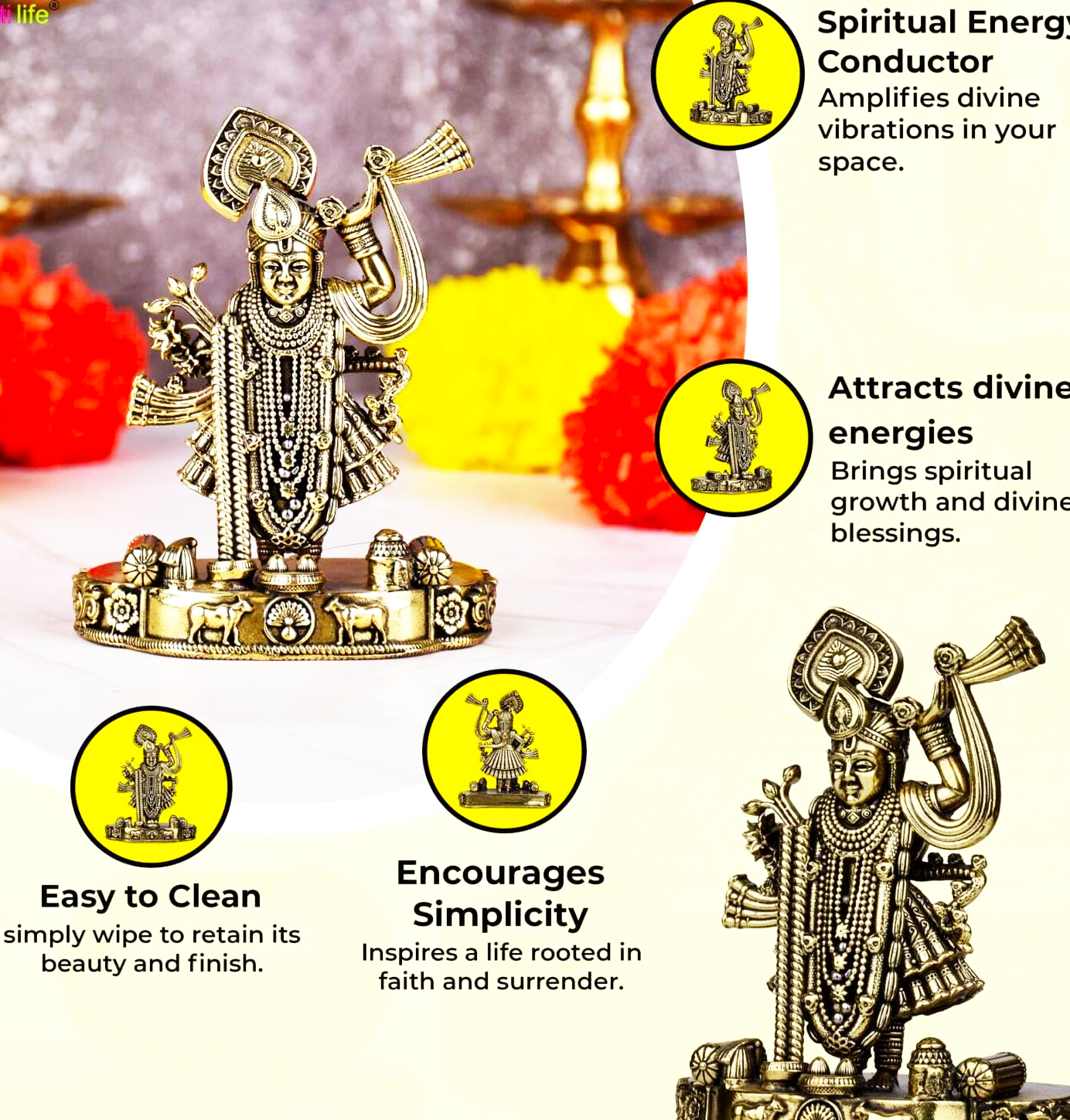 Sai Divya Handcrafted Brass Krishna Idol, Gold Finish for home or office décor