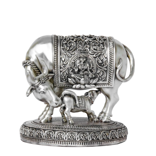 Sai Divya Decorative Sacred Cow and Calf Idol, Silver Plated Metal, Traditional Indian Design