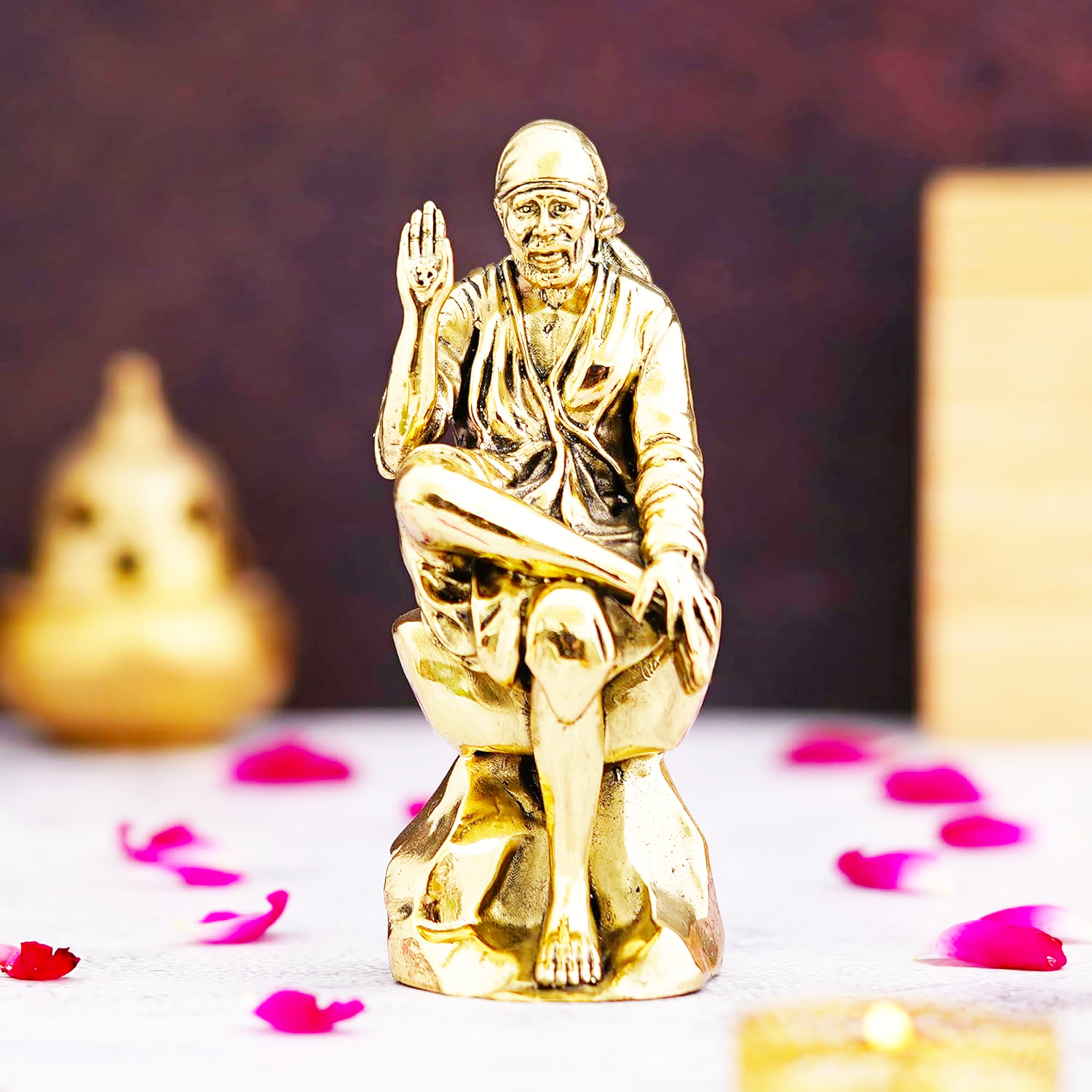 Brass Sai Baba Murti 4 Inch, Golden Finish Sai Baba Idol for Pooja, Home Temple, Meditation, Spiritual Décor