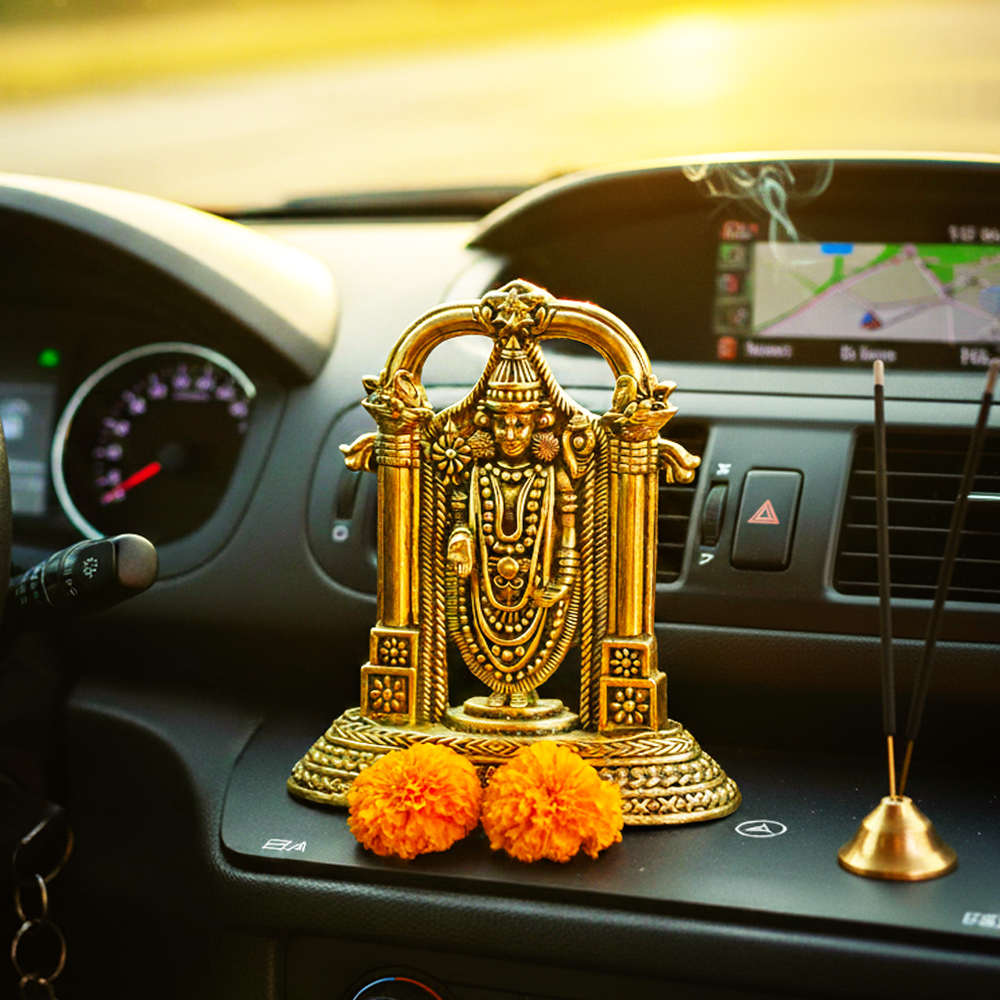 Sai Divya Decorative Lord Balaji Brass Idol, Antique Finish Temple Design Car Dashboard Statue