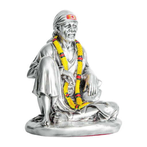 Sai Divya Decorative Silver Plated Sai Baba Statue with Yellow Garland