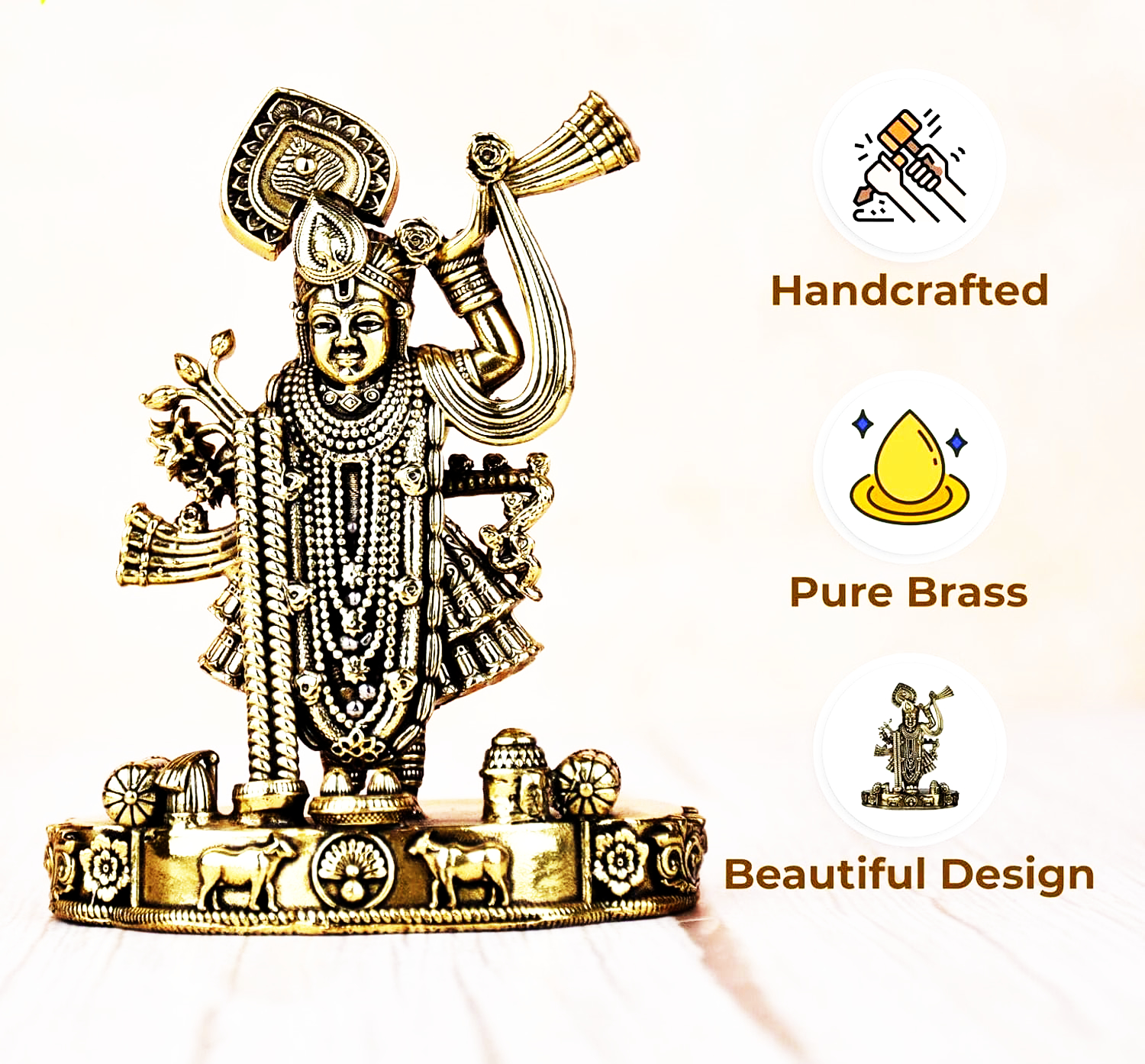 Sai Divya Handcrafted Brass Krishna Idol, Gold Finish for home or office décor