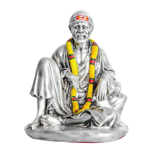 Sai Divya Decorative Silver Plated Sai Baba Statue with Yellow Garland